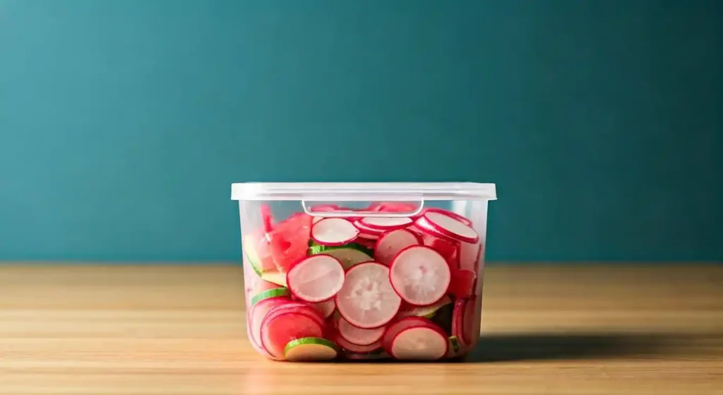 Proper storage methods for watermelon radish salad in airtight containers.