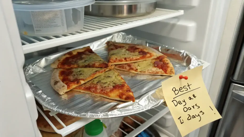 Storing leftover hand tossed pizza in the refrigerator.