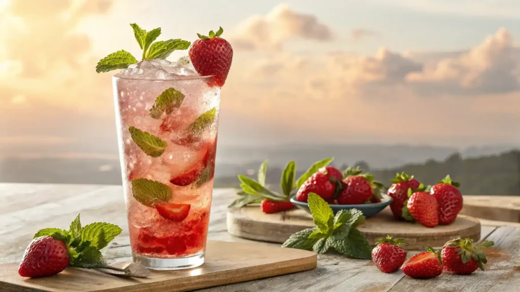 A beautifully presented Strawberry Hennessy mocktail garnished with strawberries and mint.
