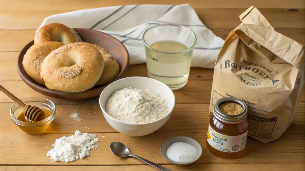 Ingredients for making bagels displayed on a wooden countertop.