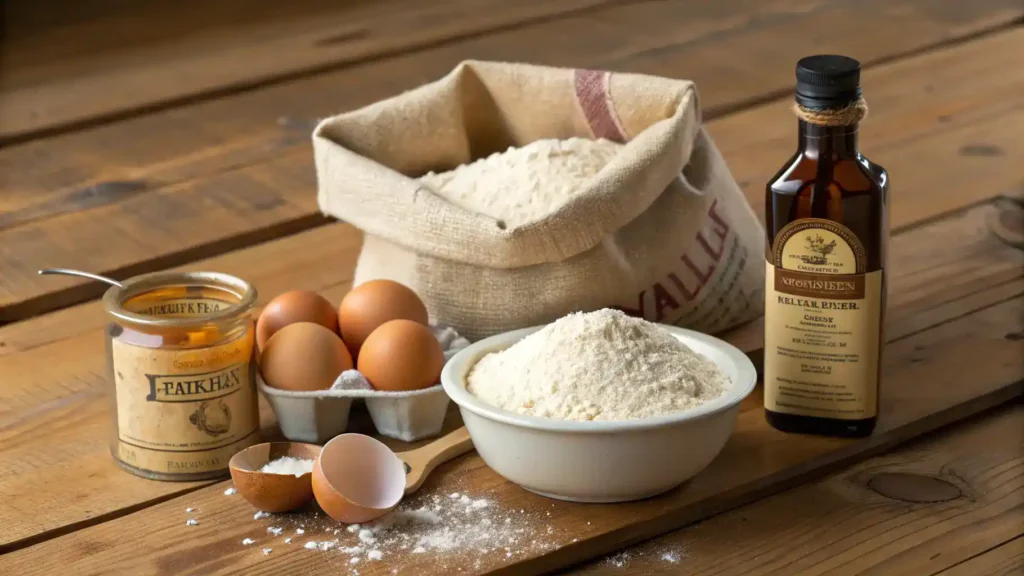 A collection of baking ingredients including flour, sugar, eggs, and vanilla extract on a wooden table.