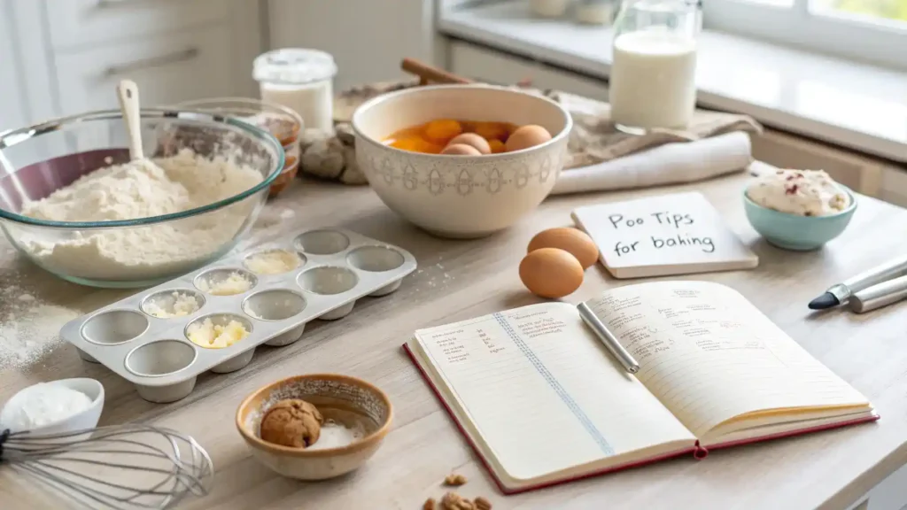 A baker's workspace with measuring cups, mixing bowl, and notepad with pro tips for baking.