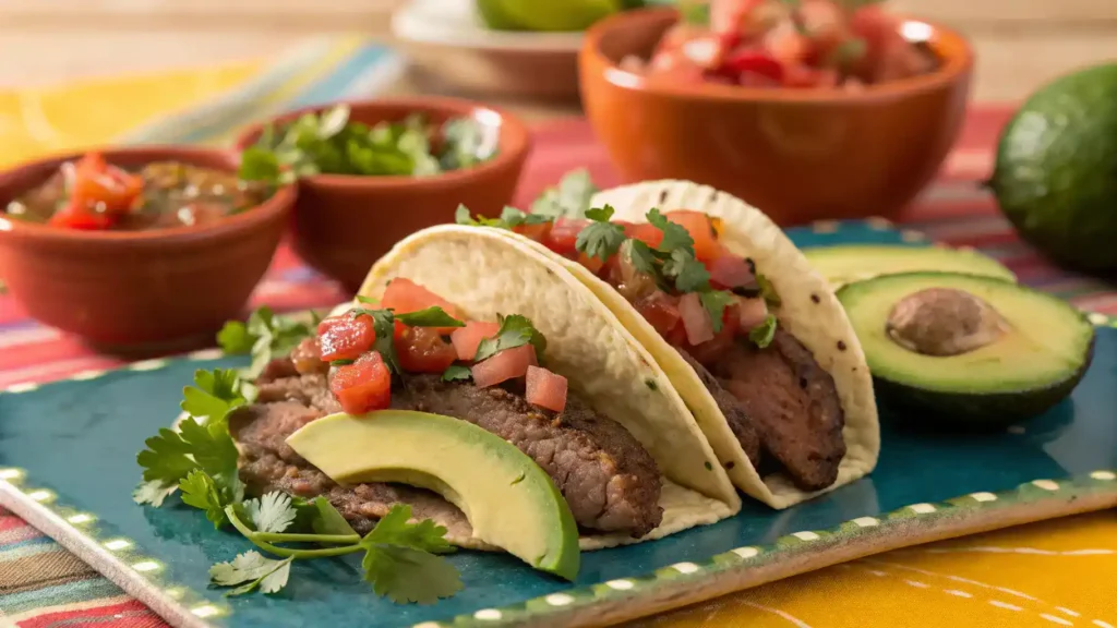 A delicious taco filled with sliced bistec, fresh salsa, and avocado.