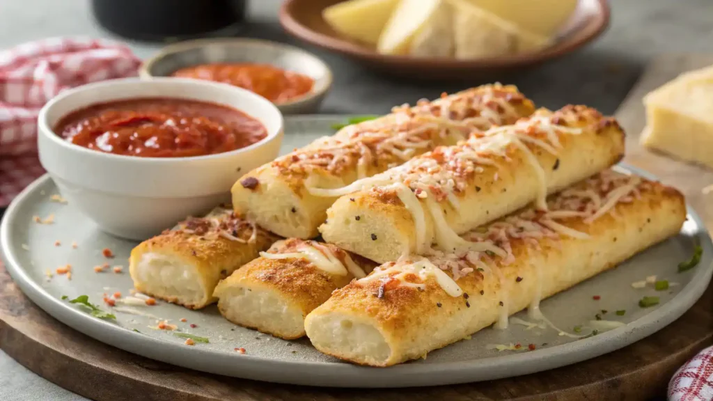 Delicious Bosco Sticks served with marinara sauce.
