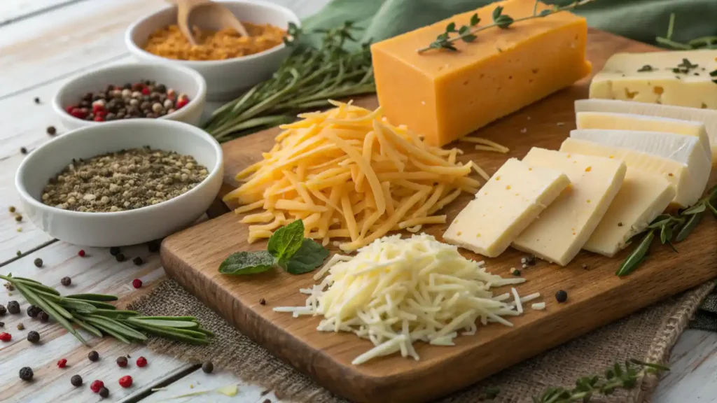 An assortment of cheeses including shredded cheese, cheddar, mozzarella, and parmesan on a wooden board.
