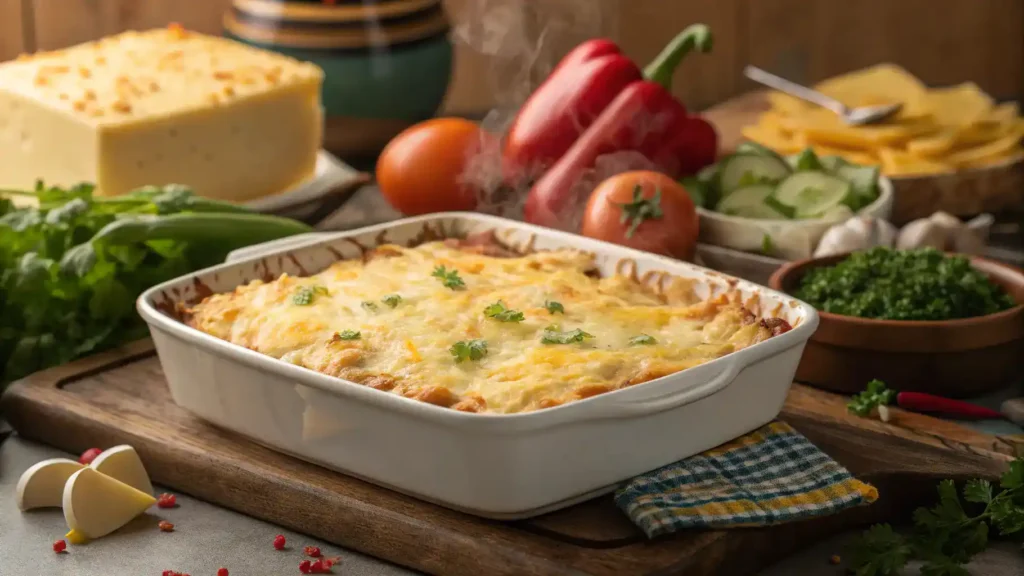 A delicious cheesy casserole topped with melted shredded cheese and fresh vegetables.
