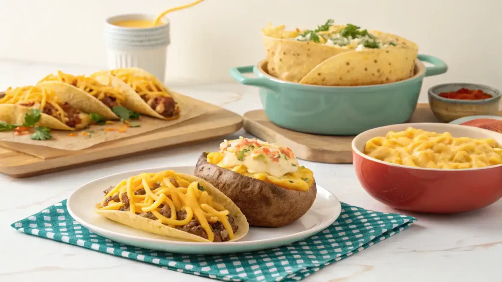 A table filled with delicious cheesy dishes featuring shredded cheese.