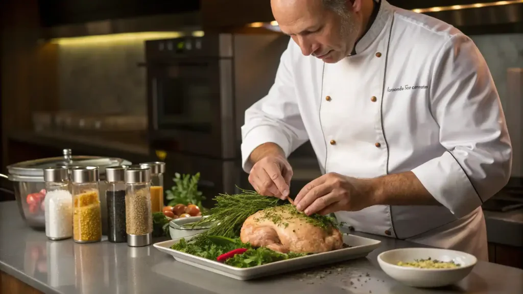 Chef preparing Neiman Marcus Chicken with fresh herbs.