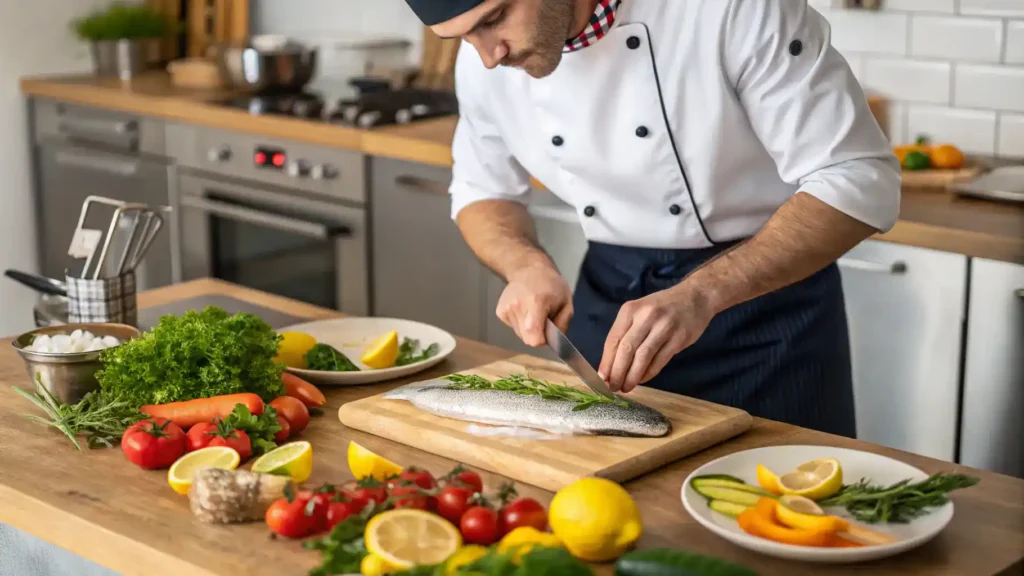 Chef preparing sablefish in a kitchen with fresh ingredients.