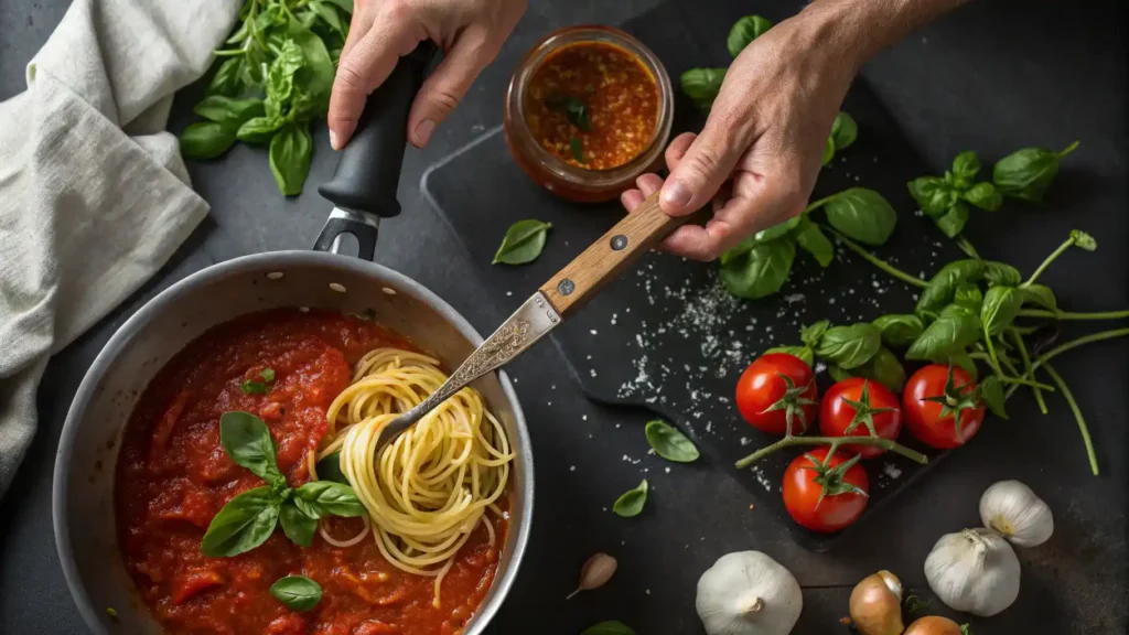 A chef preparing spaghetti sauce by chopping herbs and stirring the pot.