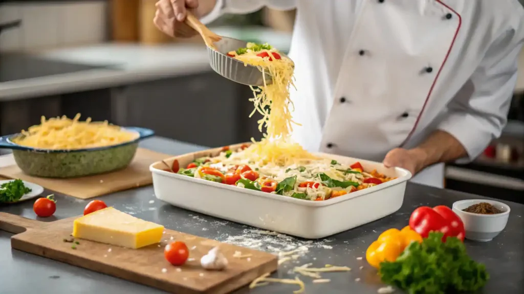A chef adding shredded cheese to a baking dish filled with vegetables and proteins.