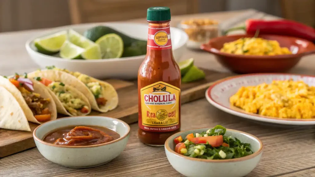 Cholula Hot Sauce bottle with various dishes highlighting its use.