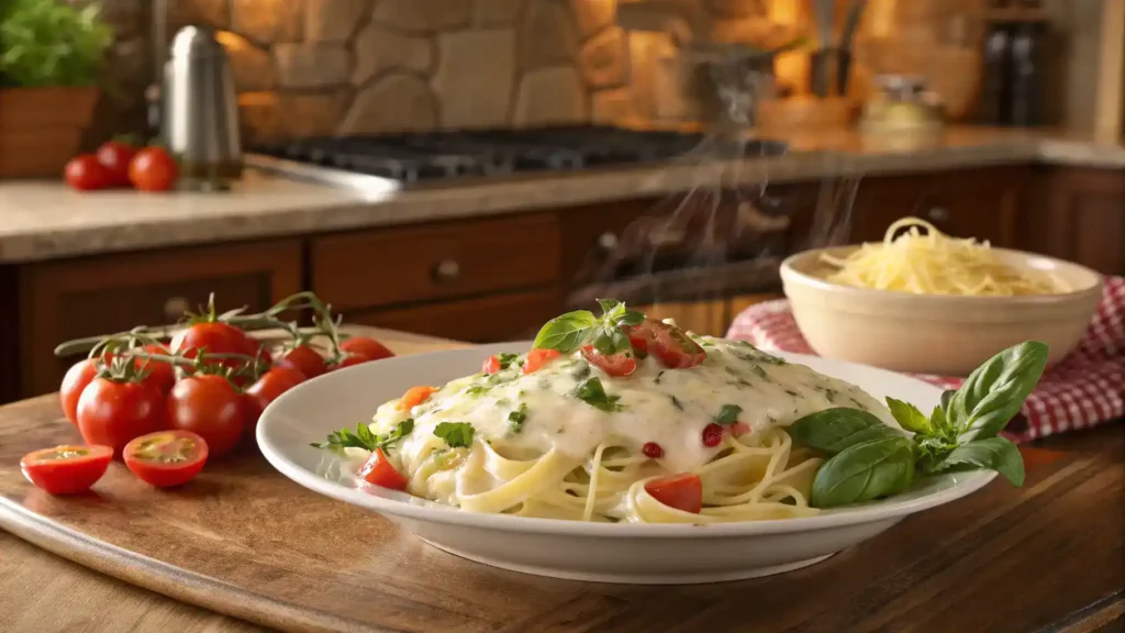 A creamy pasta dish topped with melted provolone cheese and fresh herbs.