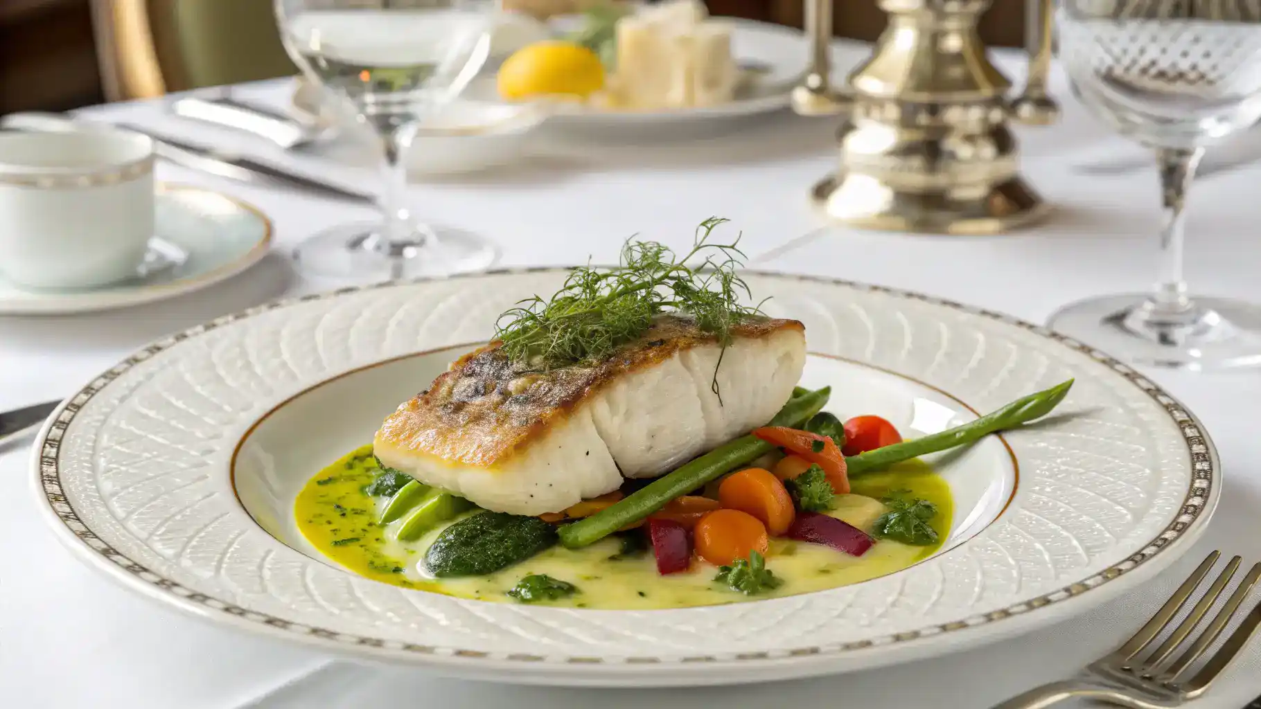 Plated sablefish with lemon-dill sauce and seasonal vegetables.