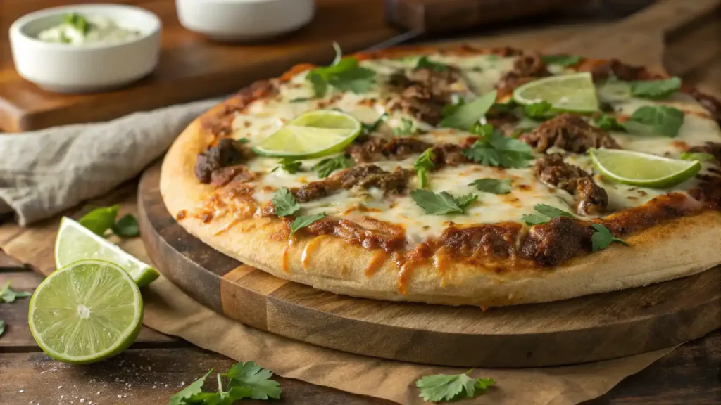 Freshly baked birria pizza topped with cheese, cilantro, and lime wedges.