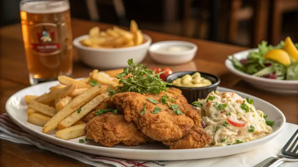 A delicious plate of crispy broasted chicken served with sides.