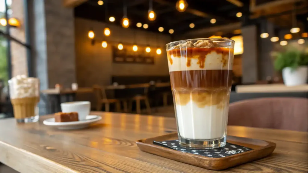 A beautifully layered caramel macchiato in a clear glass.
