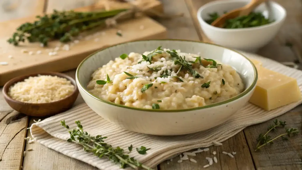 A bowl of creamy risotto made with Arborio rice, garnished with herbs and cheese.