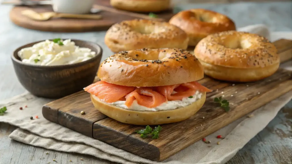 Freshly baked bagels with various toppings on a wooden board.