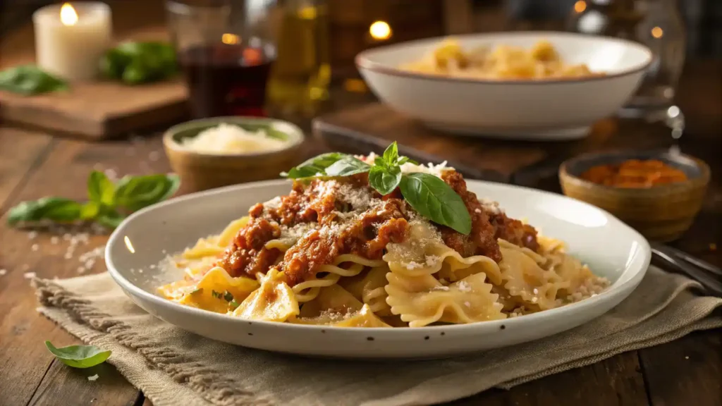 A delicious plate of mafaldine pasta garnished with cheese and herbs.
