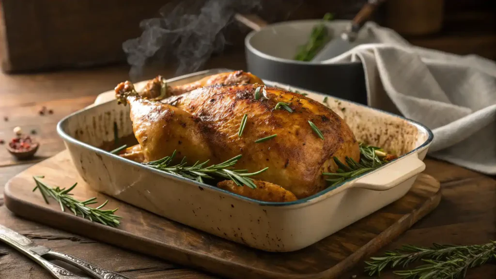 Baked Neiman Marcus Chicken garnished with herbs in a baking dish.