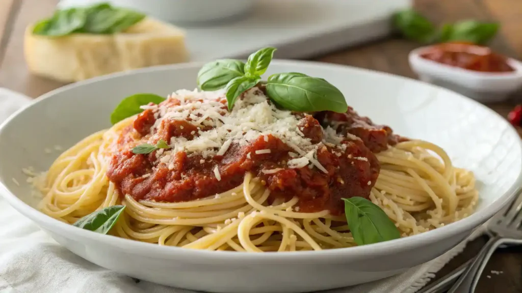 A plate of spaghetti topped with rich spaghetti sauce and garnished with basil and cheese.