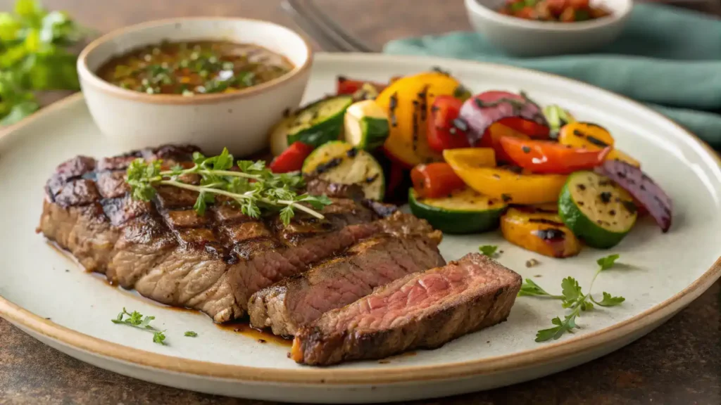 A beautifully plated bistec garnished with herbs and served with grilled vegetables and chimichurri sauce.