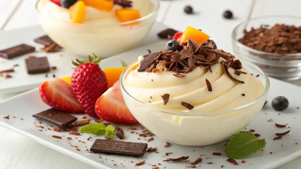 A delicious dessert made with double cream, topped with fresh fruits.