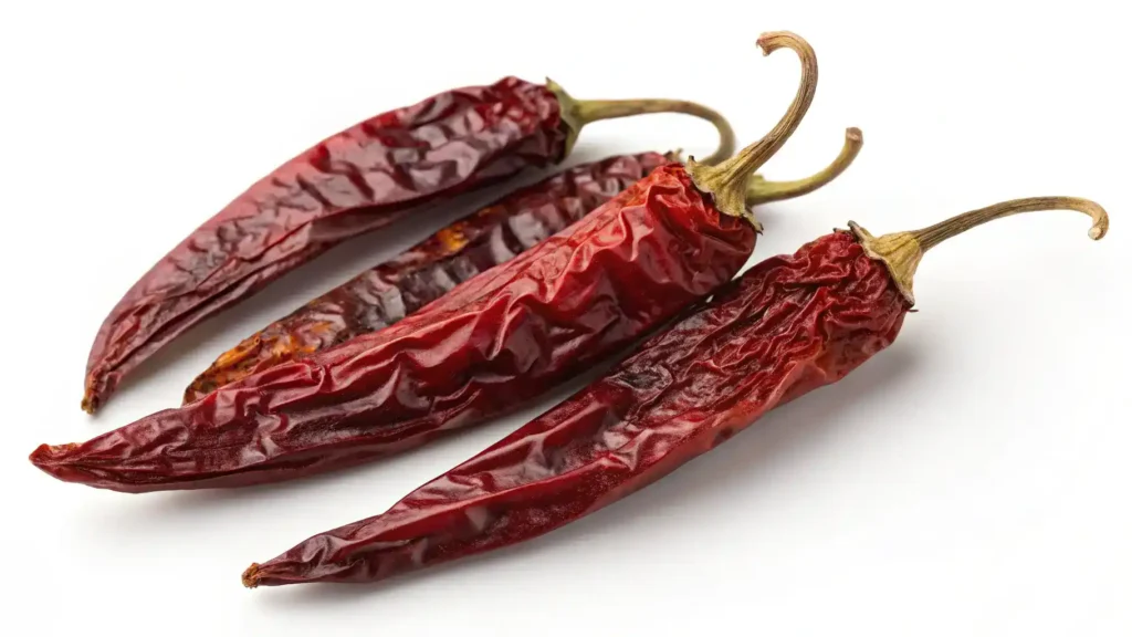 Dried guajillo peppers showcasing their vibrant red color and wrinkled texture.