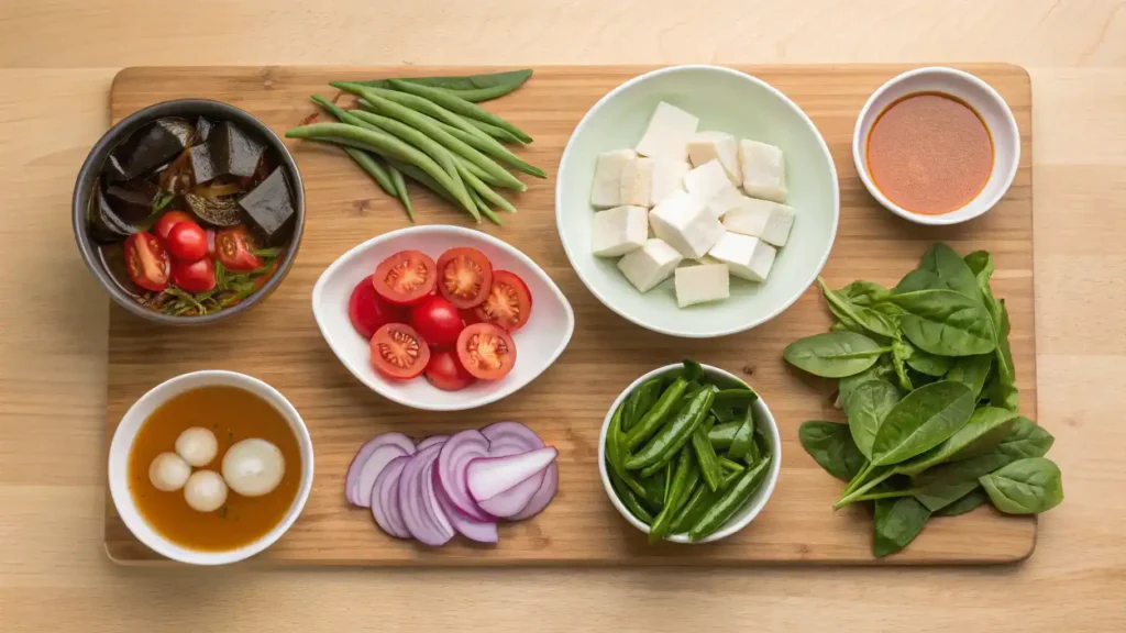 Ingredients for sinigang recipe displayed on a kitchen counter.
