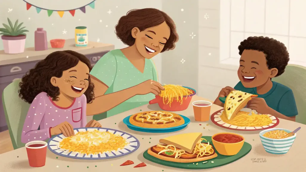 A family enjoying a meal with shredded cheese on various dishes.