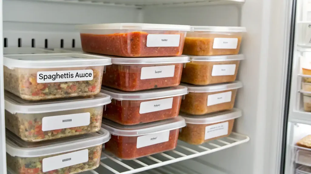 Containers of spaghetti sauce stored in a freezer.