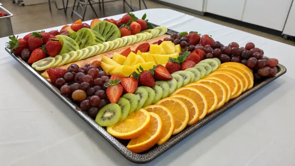 A beautifully arranged fruit tray on a table, showcasing a variety of colorful fruits.
