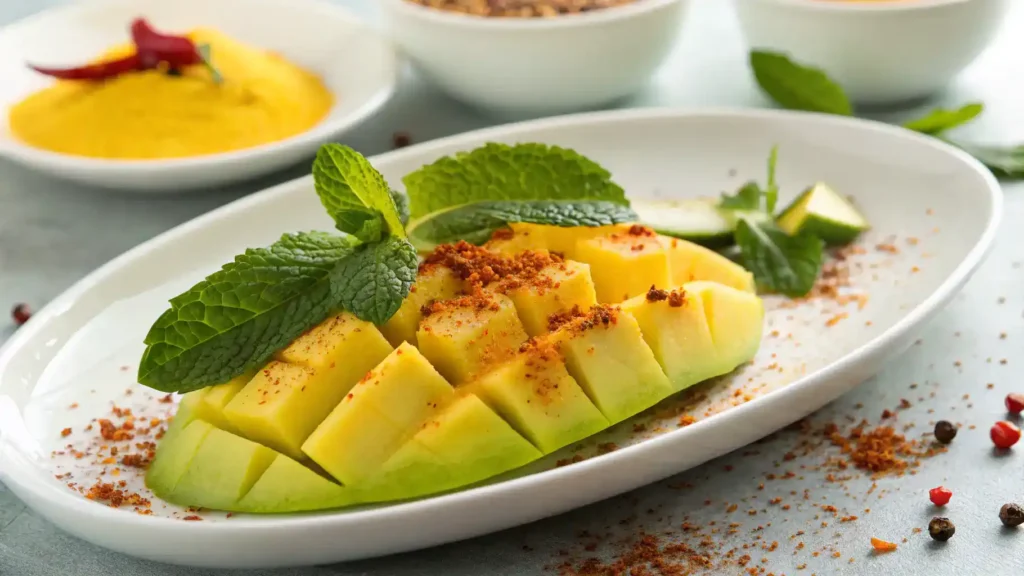 A beautifully plated green mango delight garnished with mint and chili powder.