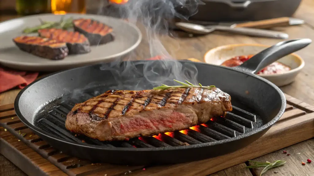 A marinated bistec sizzling on a grill, showcasing its juicy texture and vibrant color.