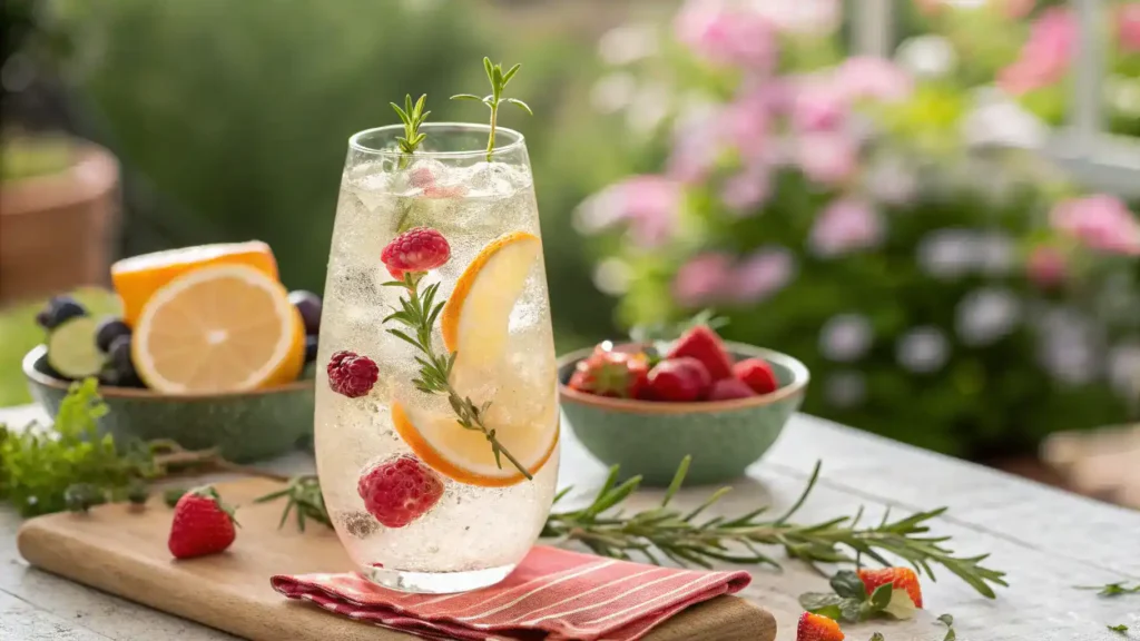 A beautifully garnished hard seltzer mocktail ready to be served.