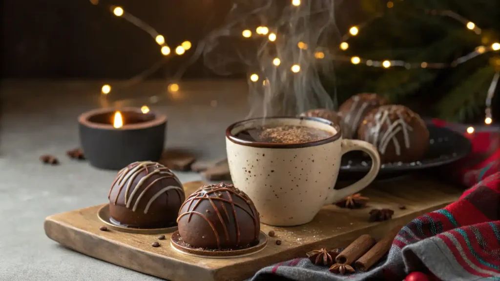 Hot chocolate bombs melting in a mug of hot milk.