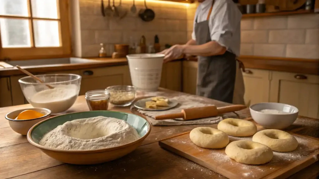 A step-by-step guide to making bagels, showcasing ingredients and the dough preparation process.