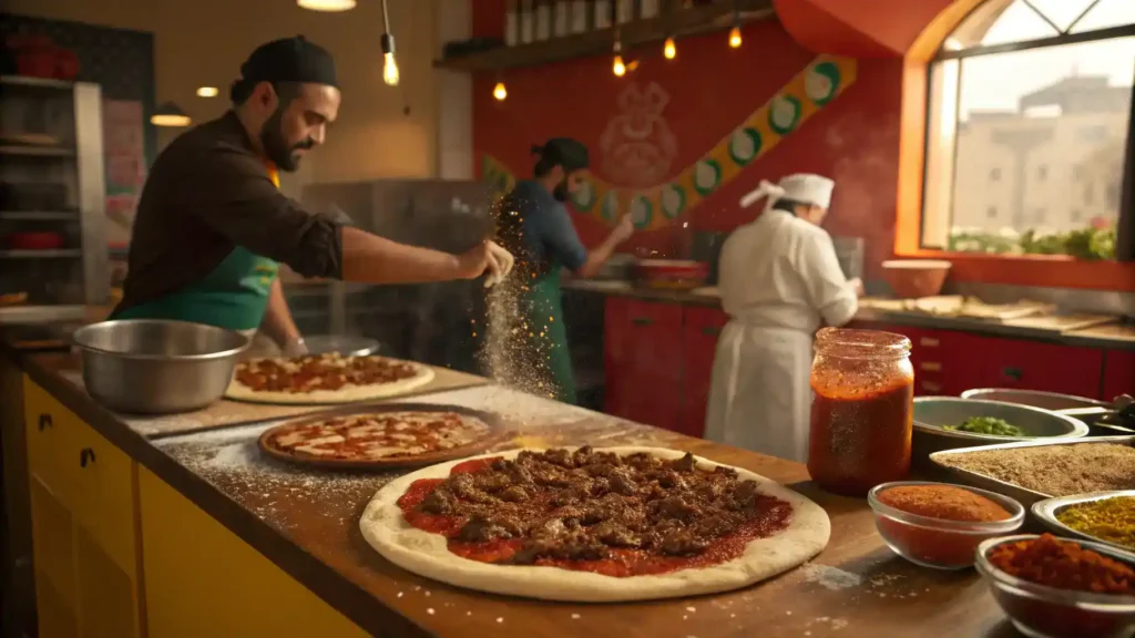 Step-by-step process of making birria pizza, including marinating beef and preparing pizza dough.