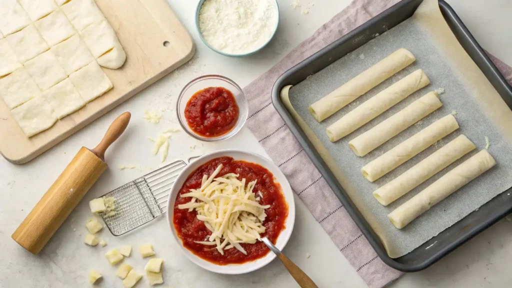 Step-by-step process of making Bosco Sticks with ingredients laid out.