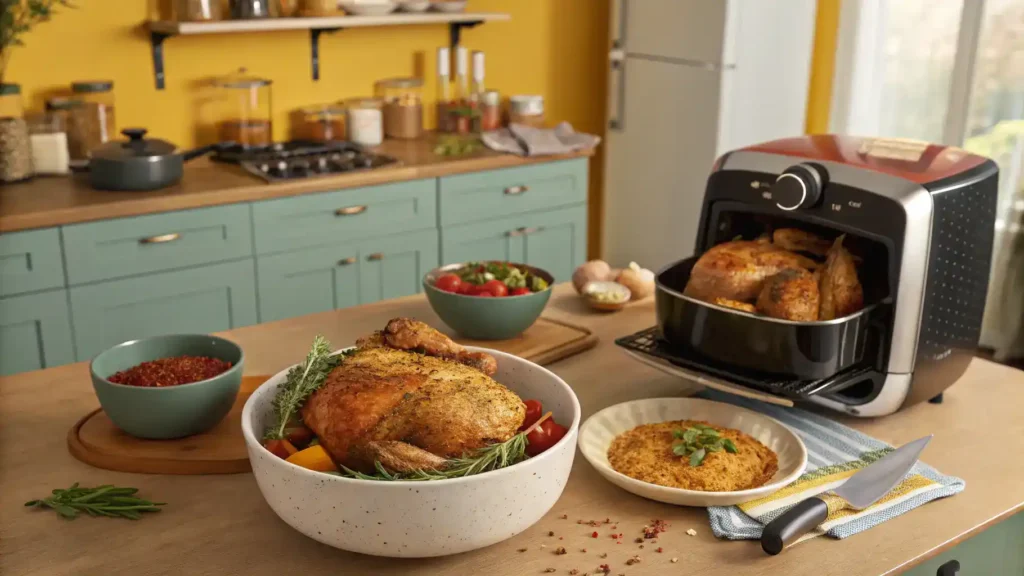 Step-by-step process of making broasted chicken, including marinating, coating, and frying.