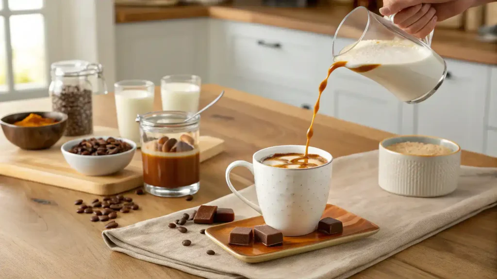 Step-by-step process of making caramel macchiato with ingredients displayed.
