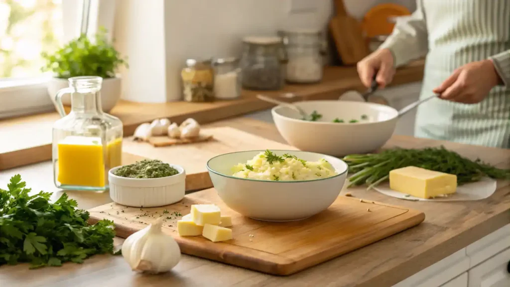 Ingredients and steps for making cowboy butter, including butter, garlic, and herbs.