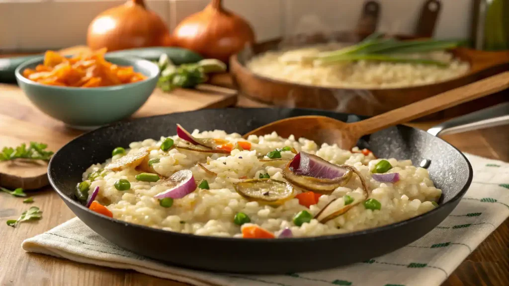 A skillet filled with creamy risotto made with Arborio rice, sautéed onions, and fresh vegetables.