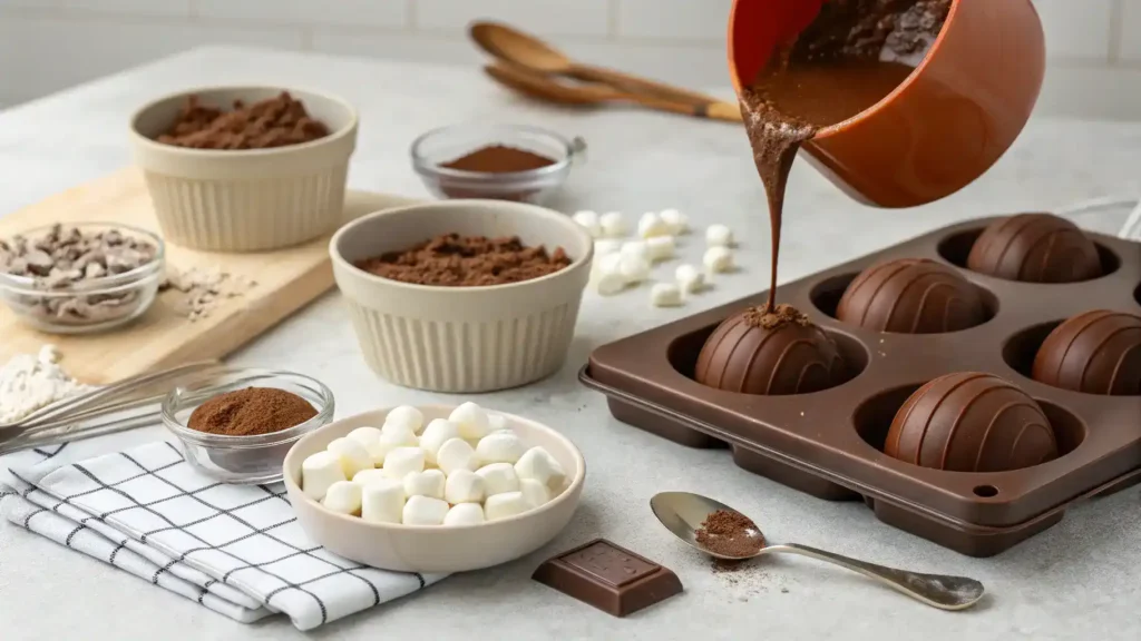 Step-by-step process of making hot chocolate bombs with ingredients and molds.