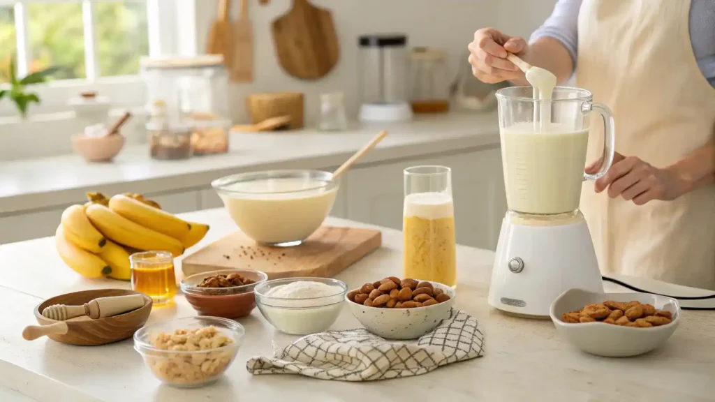 Ingredients and steps to make Lush Super Milk displayed in a bright kitchen.