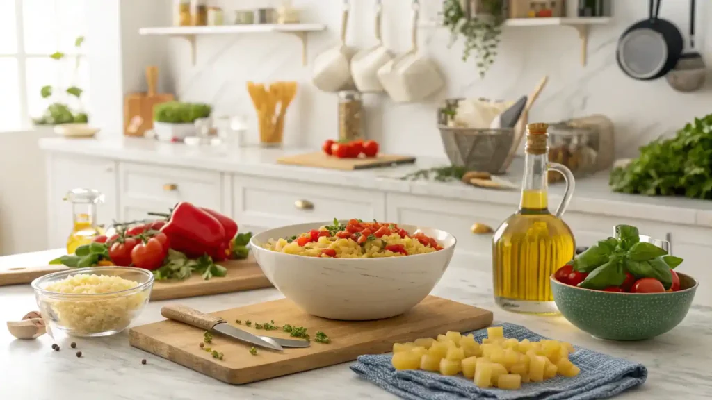 A step-by-step process of making mafaldine pasta with fresh ingredients.