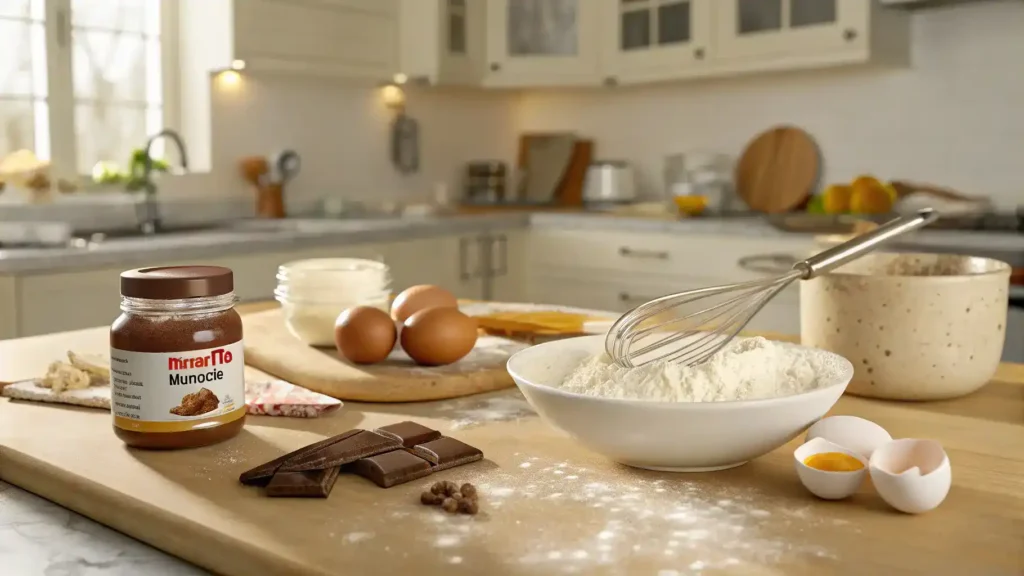 Ingredients and steps for making Nutella biscuits displayed in a bright kitchen.
