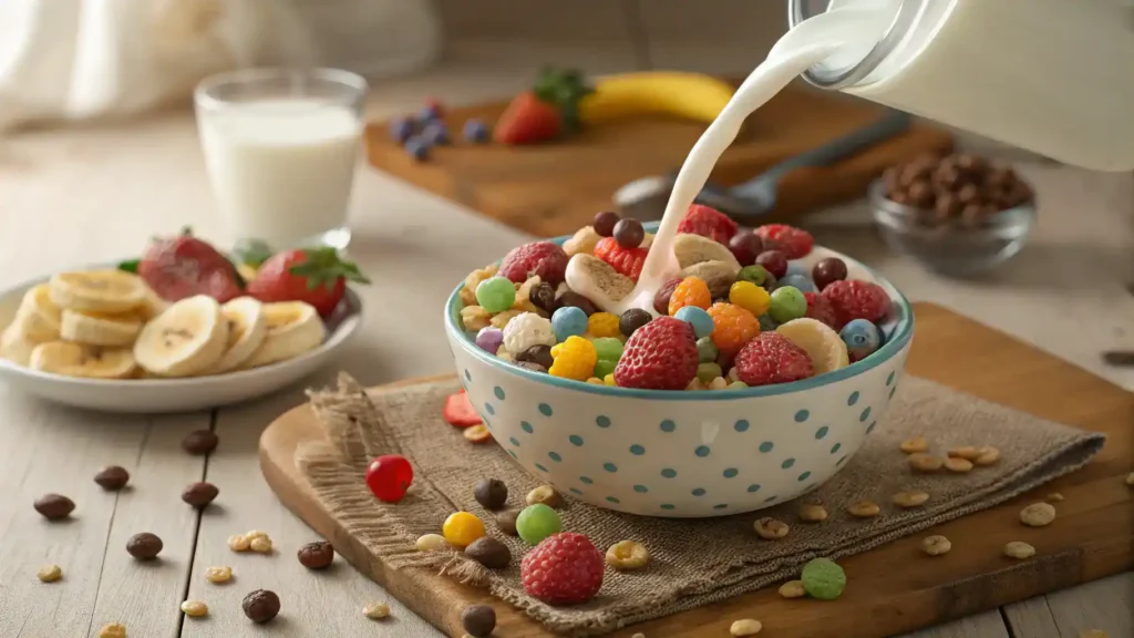A vibrant bowl of Pops Cereal with milk and fresh toppings.