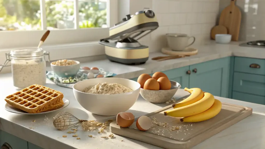 Ingredients and steps for making protein waffles displayed in a bright kitchen.